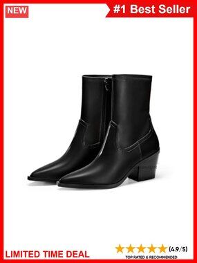 Faux Leather Ankle Boots Pointed Toe Chunky Stacked Heel Side Zipper Fall